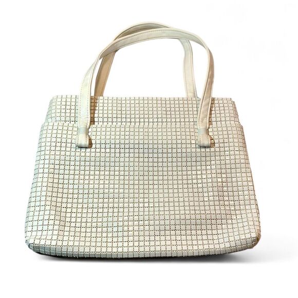 1960s Lumured Creamy White Tote Bag, Tile Mesh Zipper Closure double Handles - Picture 8 of 14
